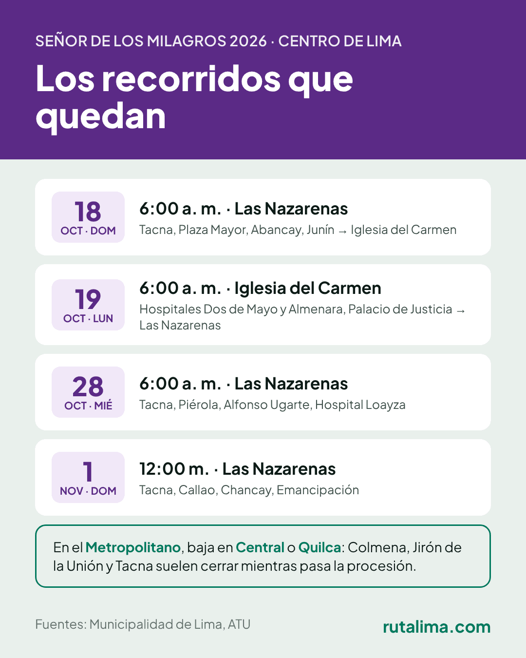 Infografía con los recorridos del Señor de los Milagros del 18, 19 y 28 de octubre y del 1 de noviembre de 2026, y la recomendación de bajar en Central o Quilca